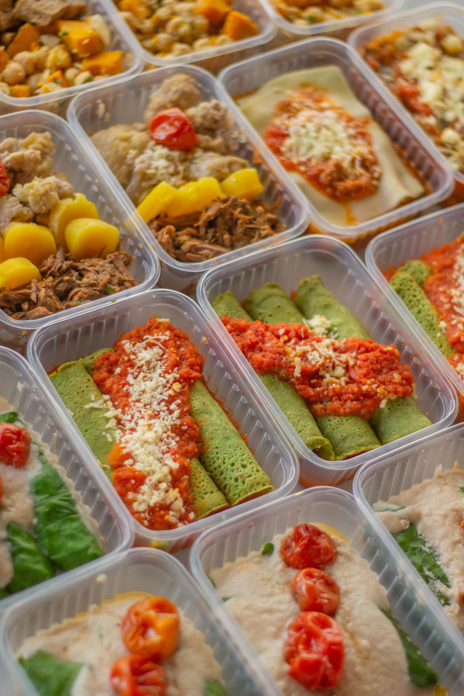 Várias marmitas prontas com opções de massa, carne desfiada e legumes